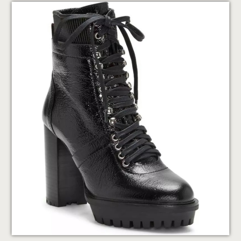 Vince Black Patent Combat Biker Moto Boots Size 10